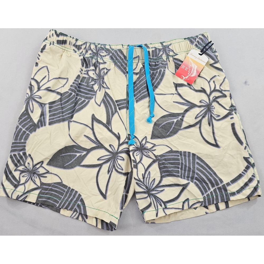 Tommy Bahama Relax trunks swimwear mens L Large pocket ivory beige floral